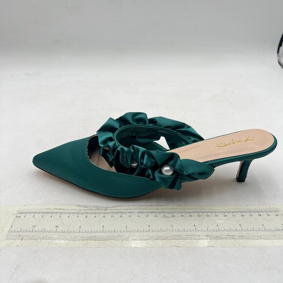 XYD Dark Cyan Pointed Toe Low Heel Mules with Ruffle Pearls Beaded Strap Sandals - Picture 2 of 8